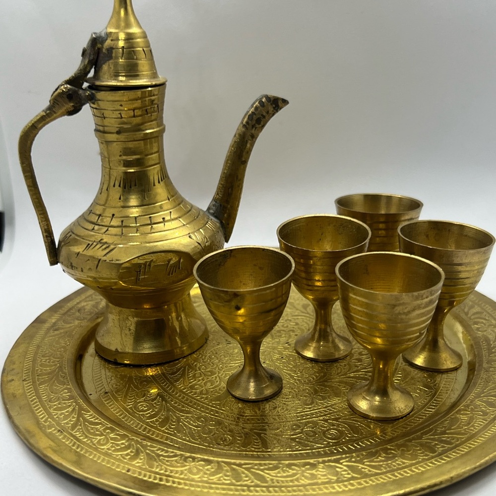 Vintage Old Middle Eastern Gold Brass Tea Set with Tray - Picture 4 of 5